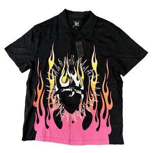 Ed Hardy Shirt Mens Large Tattoo Short Sleeve Button Front Flame